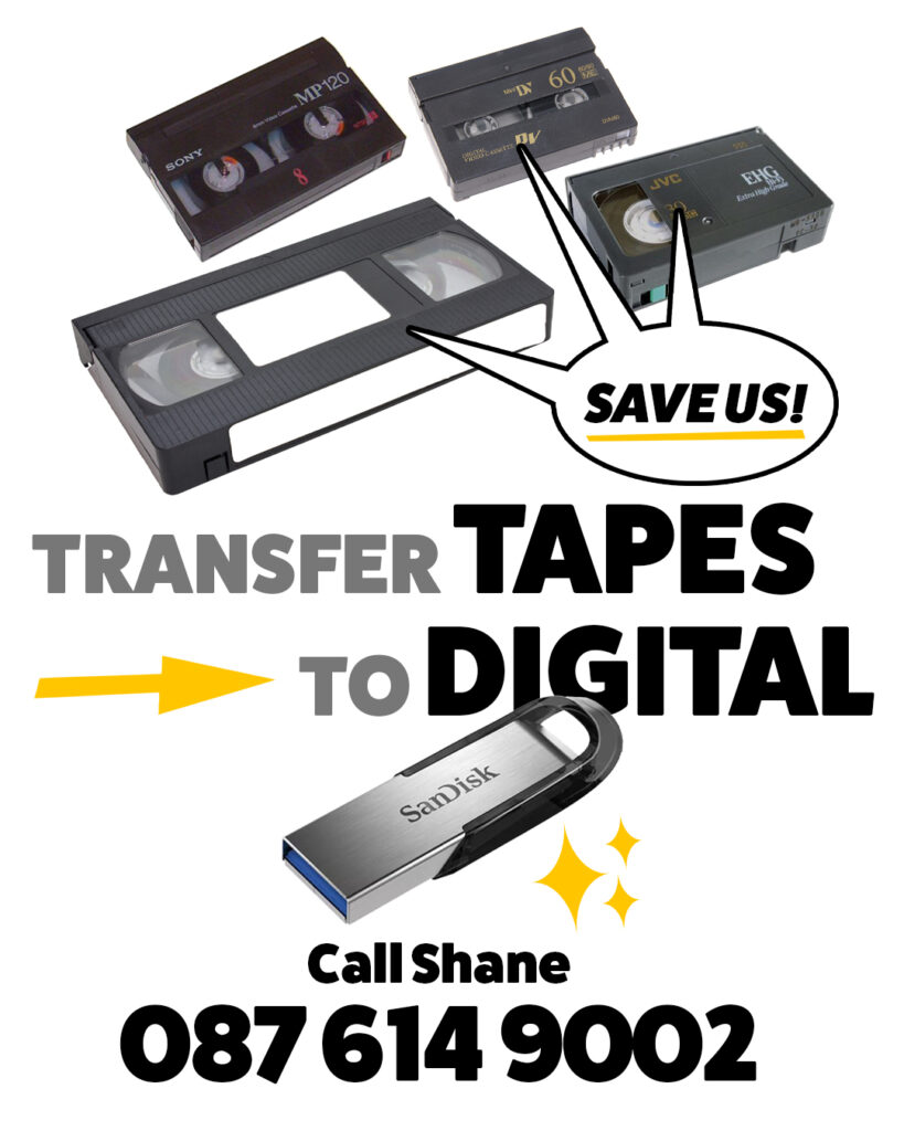 VHS and camcorder tapes ready to be transferred to digital files on a USB stick