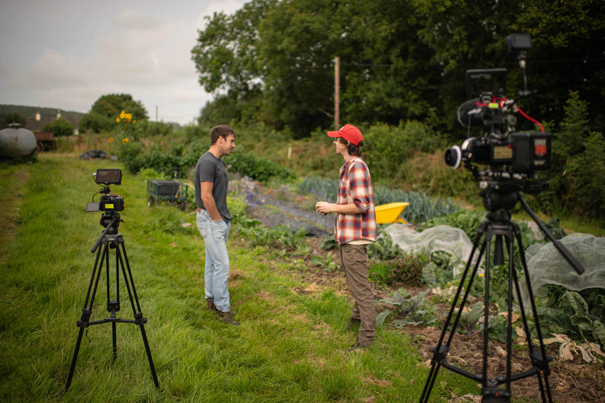 Shane Hatton directing a two-camera documentary interview in a market garden